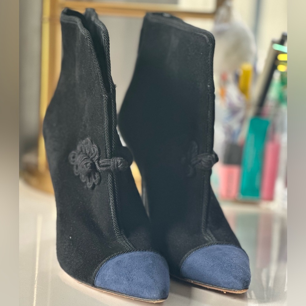 YSL Black and Blue Pointed Toe Boots
